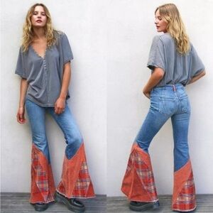 Free People Flashback Flare Boho Patch Blue High Rise Jeans Women Size 26 Y2K